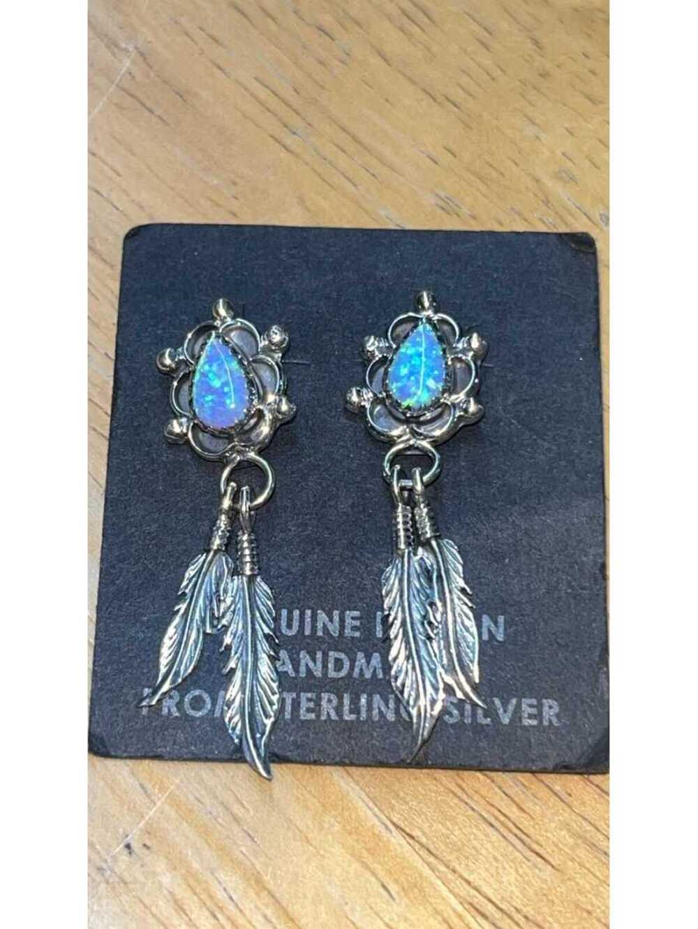 Native American Navajo handmade sterling silver opal feather cluster earrings